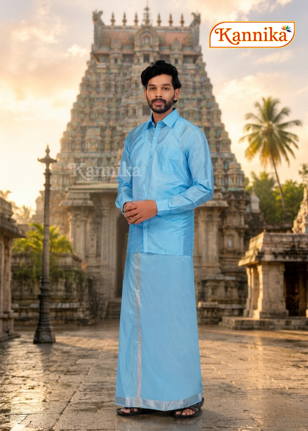Mappillai Dhoti Suit Sets For Wedding Art blue