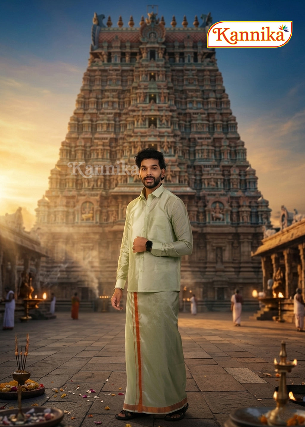 Mappillai Dhoti Suit Sets For Wedding Art Silk light Green