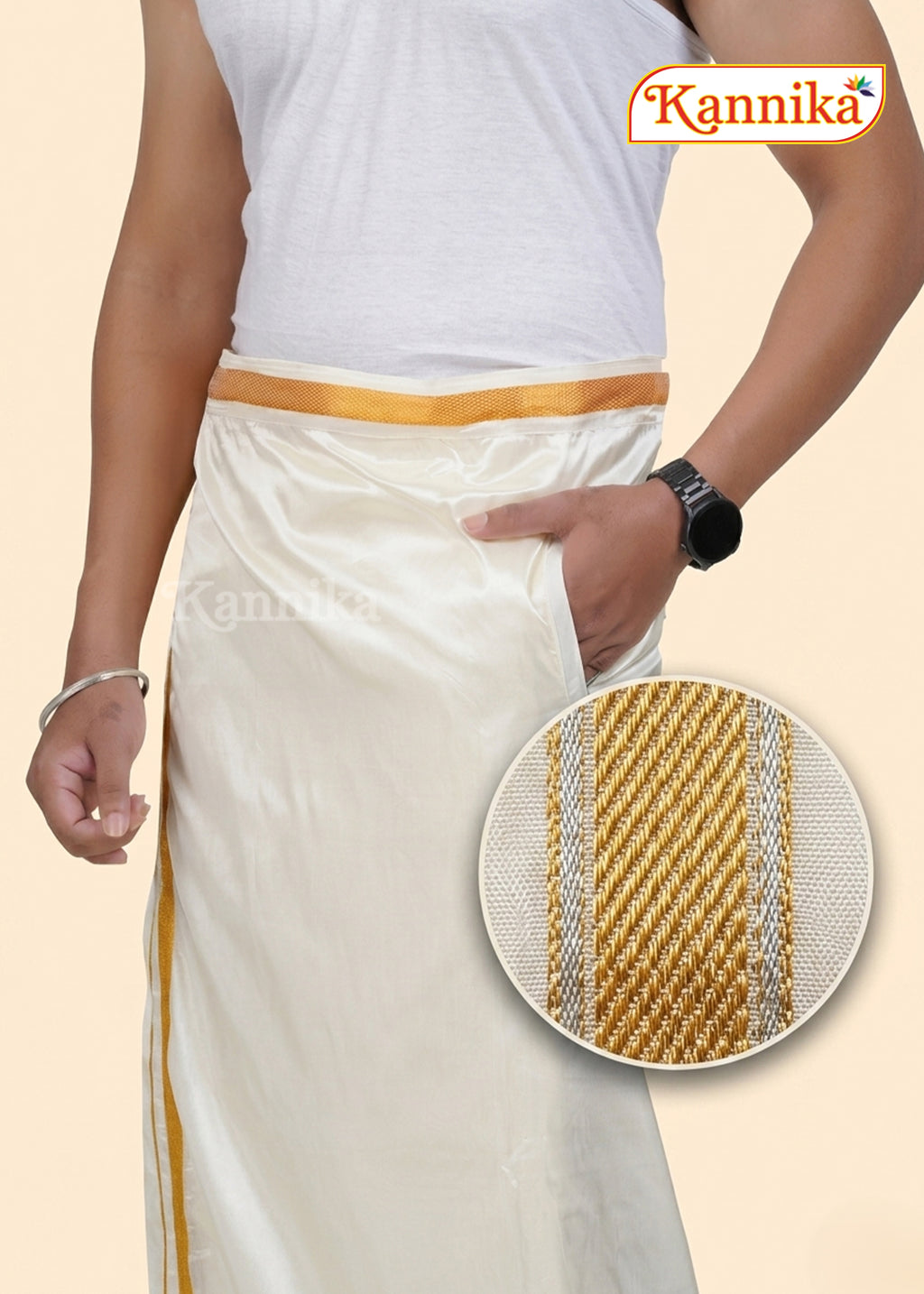 Ottiko Kattiko Dhoti | 1 Inch Jari Dhoti | Velcro Silk Mix Dhoti