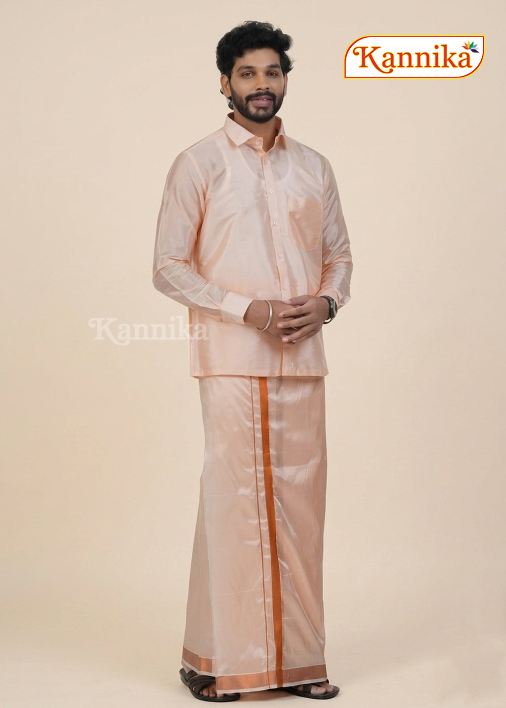 Mappillai Dhoti Suit Sets For Wedding Art Silk Orange