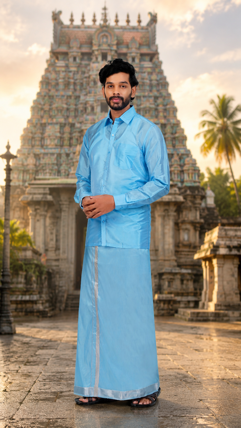 Ethnic Sets for Wedding | 3 in 1 Cream Silk Dhoti Set